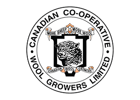 Logo de la Coopérative canadienne des producteurs de laine, montrant un mouton accompagné du texte « More Sheep, More Wool, Canadian Wool Growers ».