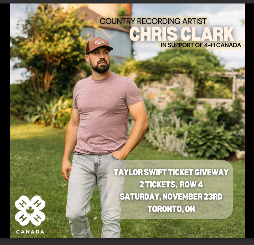 Publicité du chanteur country Chris Clark offrant des billets pour un concert de Taylor Swift à Toronto en soutien aux 4-H du Canada.