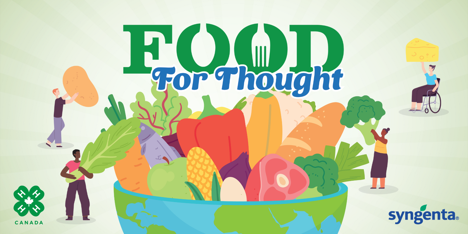 Cartoon graphic of various vegetables in a bowl with the text ‘Food For Thought’