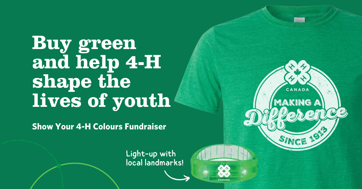 Green t-shirt with the text ‘Making A Difference Since 1913’, and a green bracelet on a graphic with the surrounding text ‘Buy green and help 4-H shape the lives of youth’